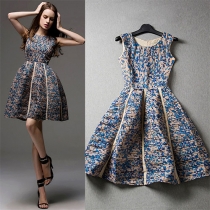 Blue Floral Print Sleeveless Pleated Sheath Flare Dress 