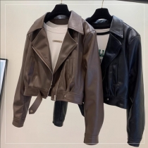 Fashion Slim Fit Double Lapel Chic PU Leather Coat