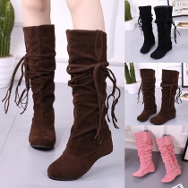 Sweet Cute Elegant Pure Color Lace-up Fringe Tall Boots
