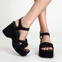 Black Crisscross Ankle Strap Wedge Heel Platform Sandal