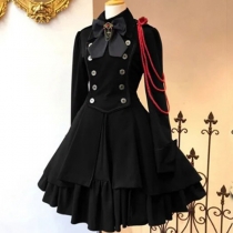 Vintage Bowknot Double-breasted Long Sleeve Ruffle Hemline Dress
