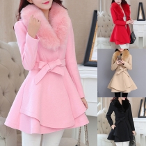 Elegant Charming Classical Lapel Solid Color Bowknot Worsted Coat