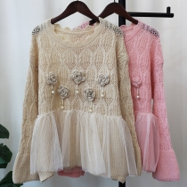 Sweet Lace Spliced Floral Print Knit Sweater