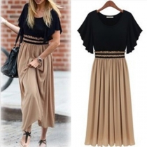 Sweet Elegant Contrast Color Shoulder Cutout Butterfly Sleeve Pleated Dress