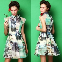 Fashion POLO Collar Organza Floral Print Dress