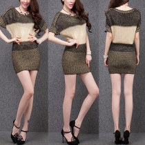 Fashion Round Neck Short Sleeve Contrast Color Knitted Dress