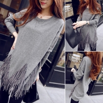 Fashion Solid Color Round Neck Tassels Hem Knitted Sweater