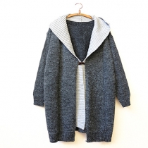 Fashion Contrast Color Hooded Mock Two-piece Knitted Cardigan