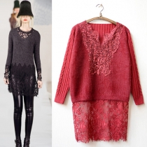 Fashion Lace Spliced V-neck Long Sleeve Knitted Dress