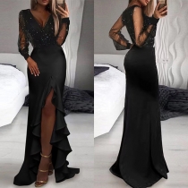 Sexy Backless Lace Spliced Floor-length Evening Dress