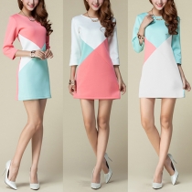 Fashion Contrast Color Round neck 3/4 Sleeve Slim Fit Dress