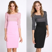 Fashion Dots Pattern U-neck 3/4 Sleeve Slim Fit Dress