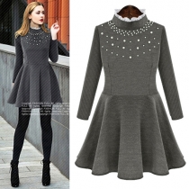 Fashion Solid Color Long Sleeve Slim Fit Pearls Oversized Dress