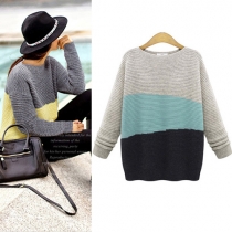 Fashion Contrast Color Long Sleeve Round Neck Knitted Sweater