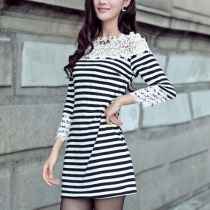 Fashion Slash Neck Lace Spliced 3/4 Sleeve Striped Dress