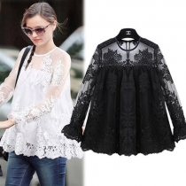 Fashion Long Sleeve Round Neck See-through Lace Embroidery Tops