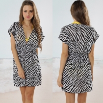 Fashion Zebra Pattern Deep V-neck Gathered Waist Dress
