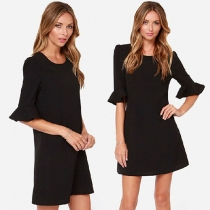 Sweet Flouncing Sleeve Round Neck Solid Color Dress