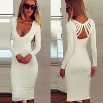 Sexy Backless V-neck Long Sleeve Solid Color Dress