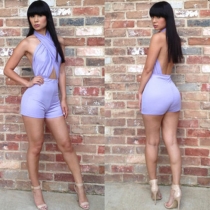 Sexy Backless Crossover Halter Jumpsuit Shorts