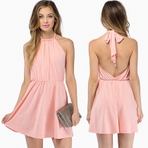 Sexy Backless Solid Color Halter Chiffon Dress