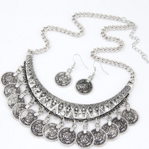 Retro Style Copper Coins Pendant Necklace + Earrings