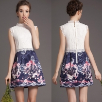 OL Style Lace Spliced Floral Print Hem Sleeveless Dress