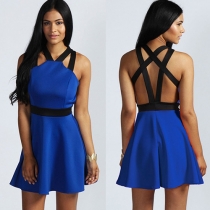 Sexy Backless Contrast Color High Waist Dress