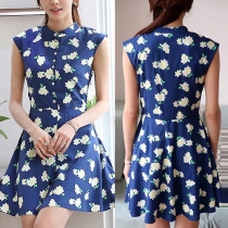 Fashion Floral Print Sleeveless Stand Collar Slim Fit Dress
