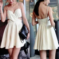 Sexy V-neck Hollow Out Solid Color Sling Dress
