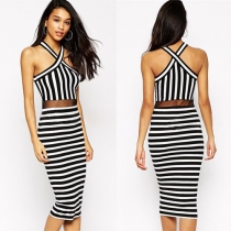 Sexy See-through Gauze Spliced Halter Striped Dress