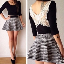 Sexy Backless Tops + Houndstooth High Waist Skirt Two-piece Set
