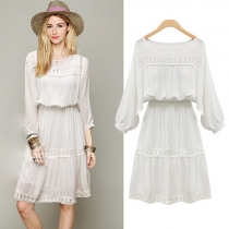 Fashion Solid Color Lace Spliced Gathered Waist Dress