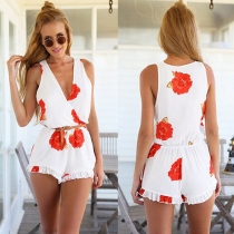 Retro Flower Print V-neck Sleeveless Chiffon Jumpsuits