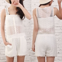 Fashion Solid Color Sleeveless Hollow Out Lace Jumpsuits