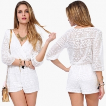 Sexy V-neck 3/4 Sleeve Gathered Waist Lace Jumpsuits