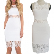 Fashion Hollow Out Lace Spliced Sleeveless Slim Fit Dress