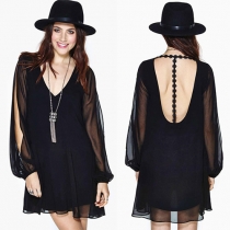 Sexy Backless V-neck Long Sleeve Solid Color Chiffon Dress