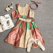 Sweet Contrast Color Sleeveless Tops + Skirt Two-piece Set