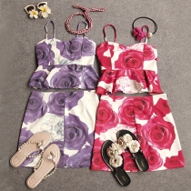Sweet Floral Print Flouncing Tops + Bust Skirt Two-piece Set