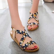 Fashion Floral Print Flat Heel Peep Toe Sandals