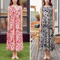 Bohemian Style Floral Print Sleeveless Gathered Waist Maxi Dress