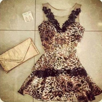 Sexy Lace Gauze Spliced Slim Fit Leopard Dress