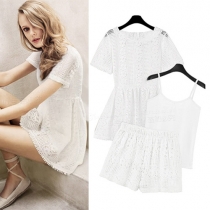 Fashion Lace Short Sleeve Dress + Cami Tops + Shorts Three-piece Set
