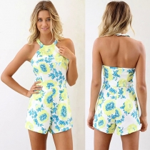 Sexy Backless Sleeveless Floral Print Halter Jumpsuits