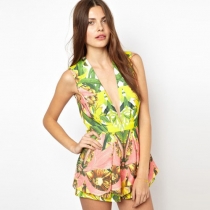 Sexy Backless Deep V-neck Sleeveless Floral Print Jumpsuits
