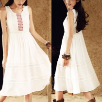 Fashion Embroidery Lace Spliced Round Neck Sleeveless Dress