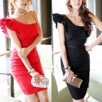 Sexy One-shoulder Flouncing Slim Fit Solid Color Party Dress