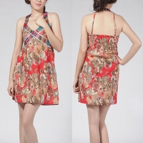 Ethnic Style Floral Print Halter Dress
