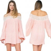 Sexy Lace Spliced Slash Neck Off-shoulder Long Sleeve Dress